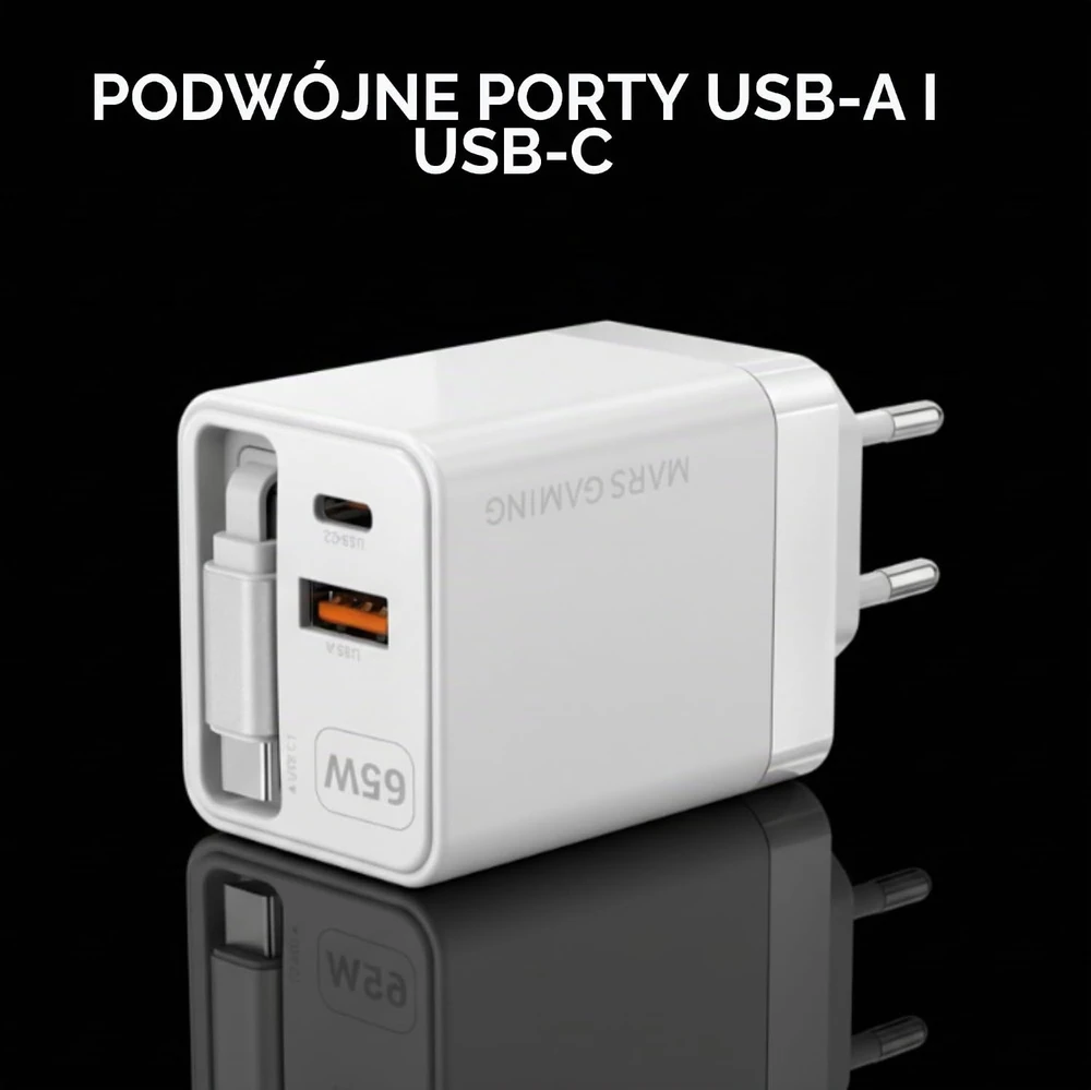 Mars Gaming MDGAN65RW 65 W GaN sieninis įkroviklis su USB-C ir USB-A jungtimis