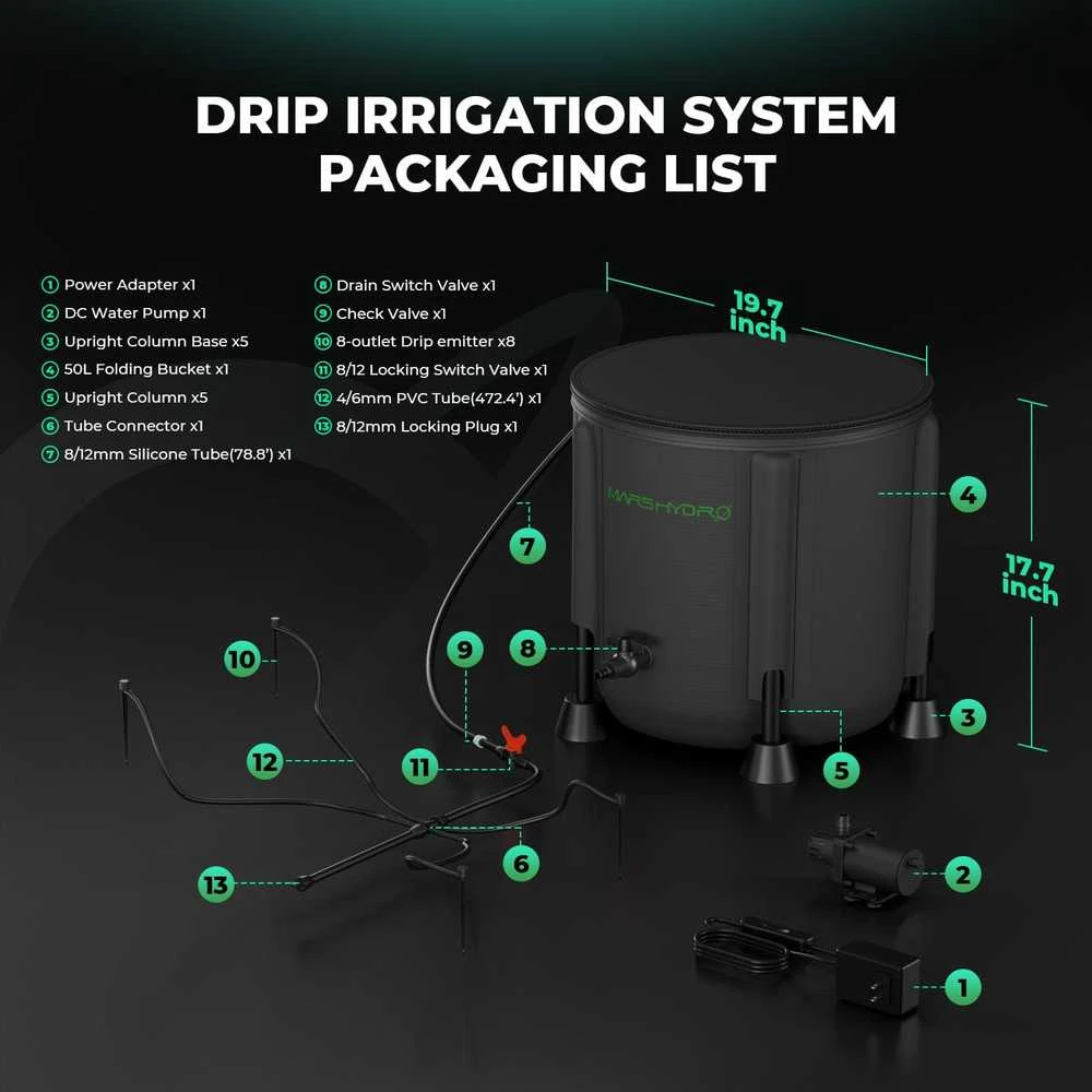 MARS HYDRO automatinė laistymo sistema su 24 W pompa, 33 l kibiru ir 8 lašintuvais, Drip Irrigation Kits