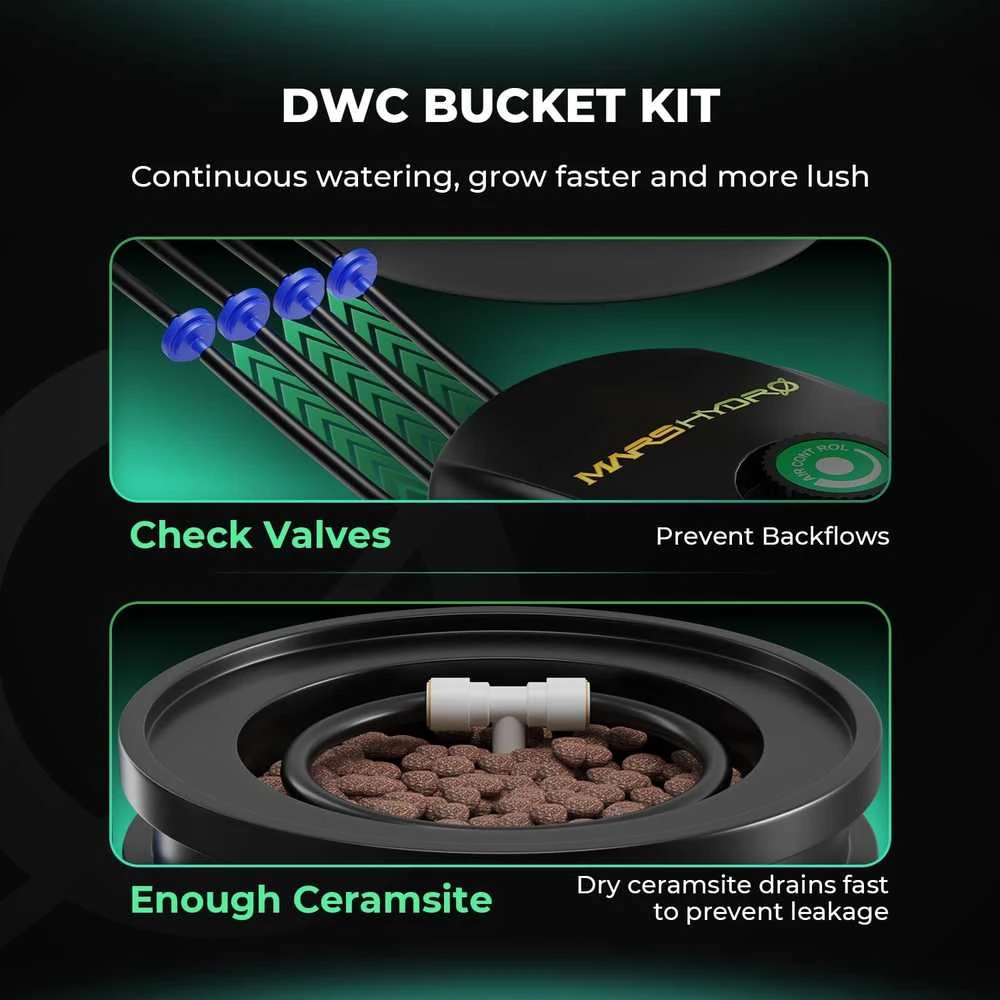 Mars Hydro giluminė hidroponinė DWC auginimo sistema, 2 × 5 galonų, 8 W oro pompa