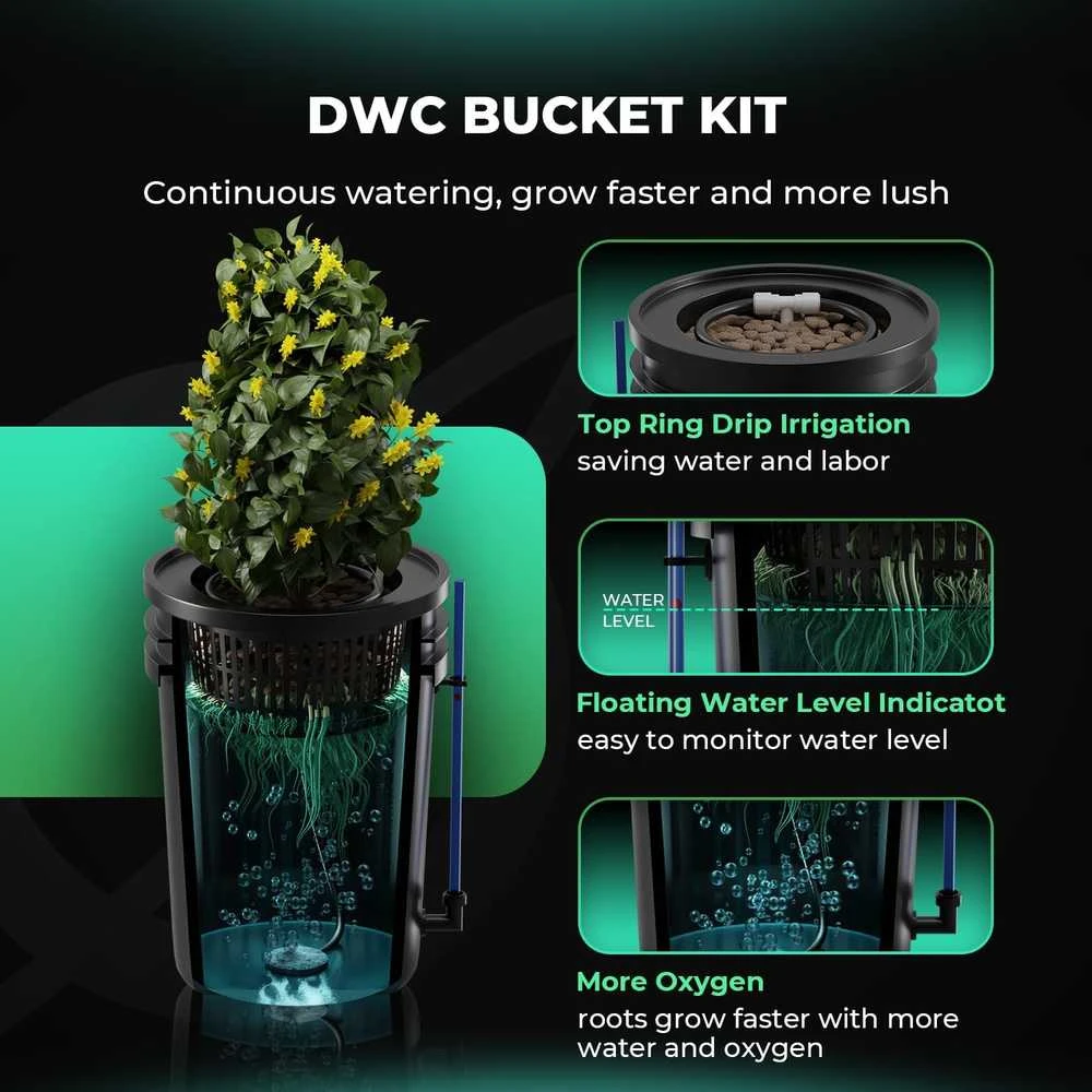 Mars Hydro giluminė hidroponinė DWC auginimo sistema, 2 × 5 galonų, 8 W oro pompa