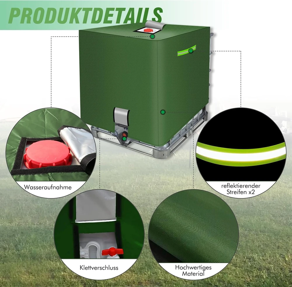 MaxAwe IBC talpyklos uždanga, 420D žalia vandeniui atspari plėvelė su atšvaitais ir velcro, 120 x 100 x 116 cm