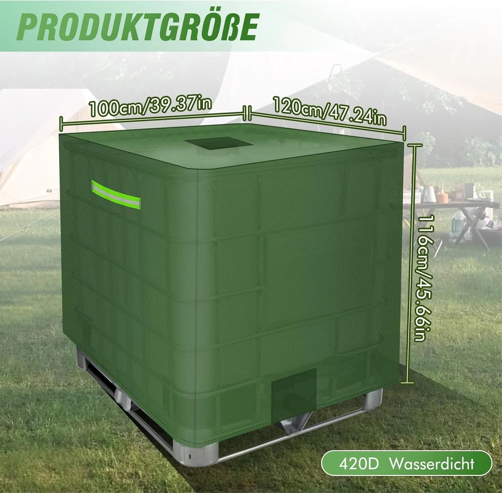 MaxAwe IBC talpyklos uždanga, 420D žalia vandeniui atspari plėvelė su atšvaitais ir velcro, 120 x 100 x 116 cm