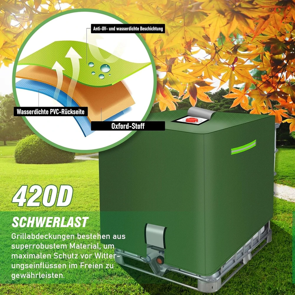 MaxAwe IBC talpyklos uždanga, 420D žalia vandeniui atspari plėvelė su atšvaitais ir velcro, 120 x 100 x 116 cm