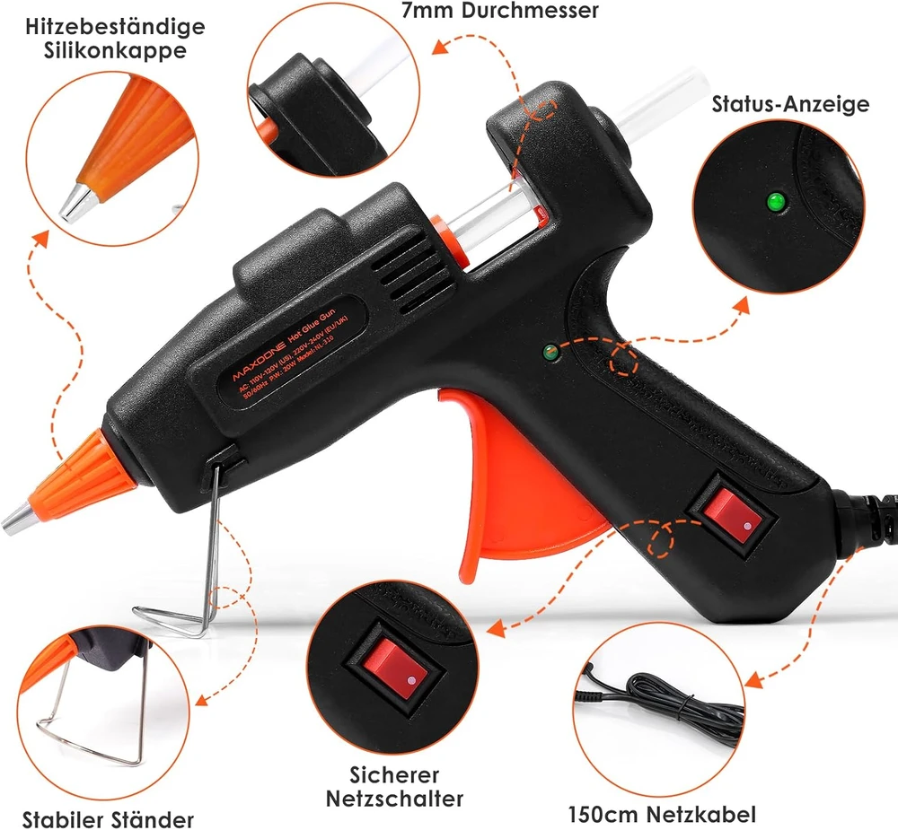 MAXDONE karštų klijų pistoletas 20 W su 30 klijų lazdelėmis, 7 mm, GGC00226