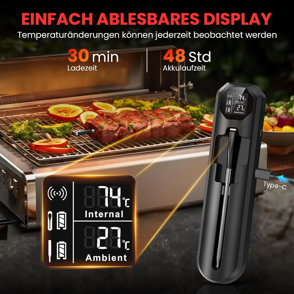 Maxtachi belaidis Bluetooth mėsos termometras su dvigubu jutikliu, įkraunamas, DT-131