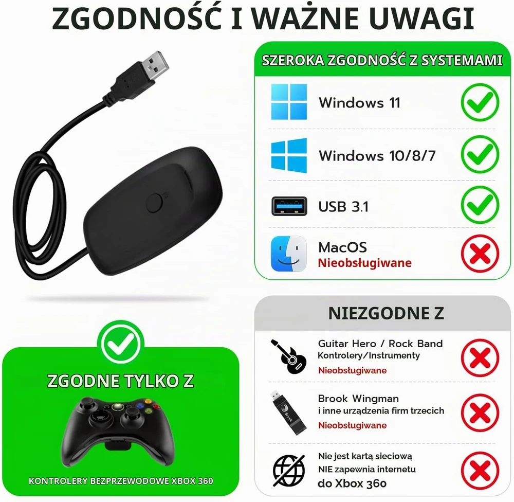 Mcbazel belaidis USB 2.0 imtuvas XBOX 360 valdikliams, Windows, 9 m, 360-recrk