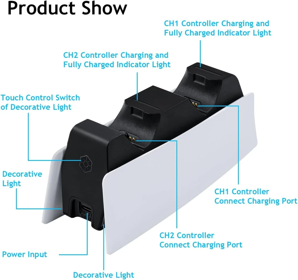 Mcbazel dviguba įkrovimo stotelė PS5 DualSense valdikliams, USB-C, 10 W, HC-A3705