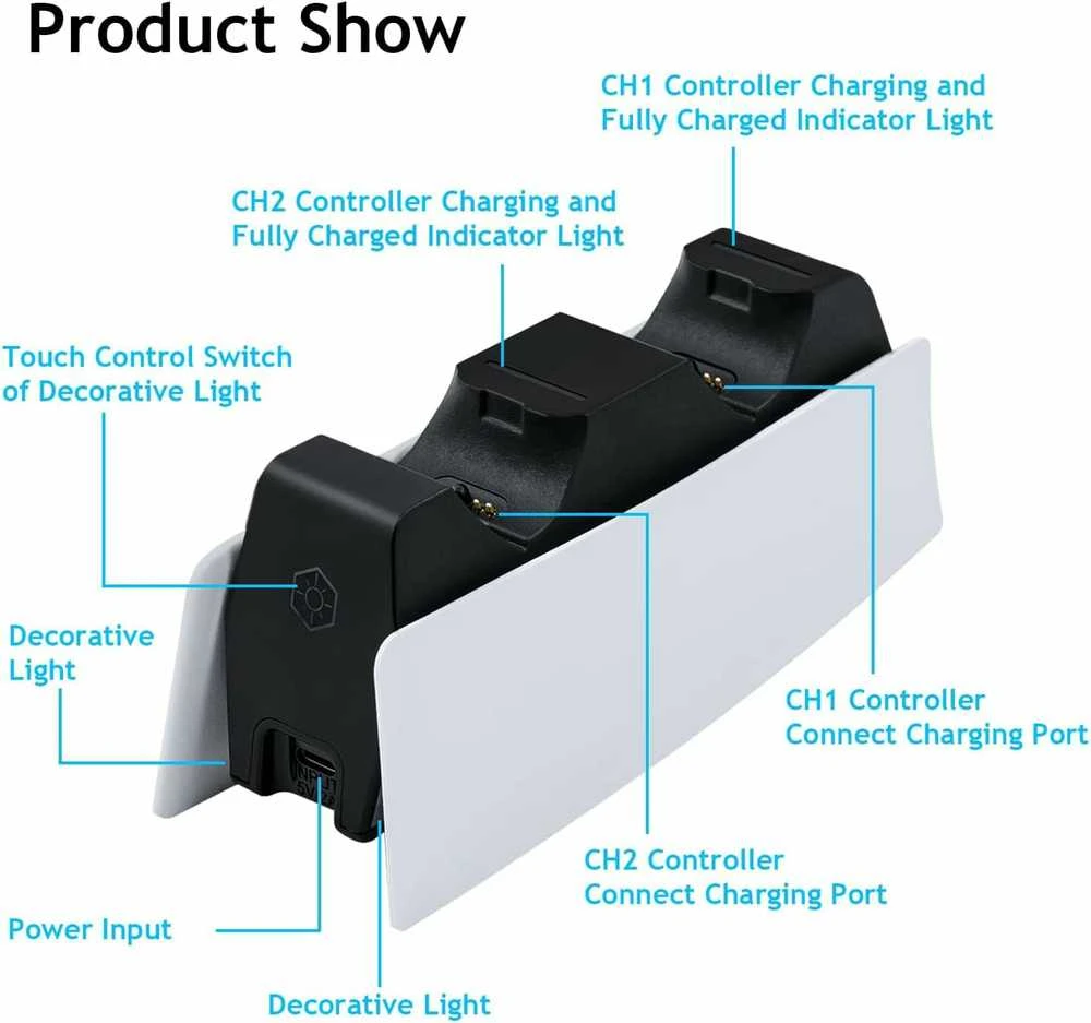 Mcbazel dviguba įkrovimo stotelė PS5 DualSense valdikliams, USB-C, 10 W, HC-A3705