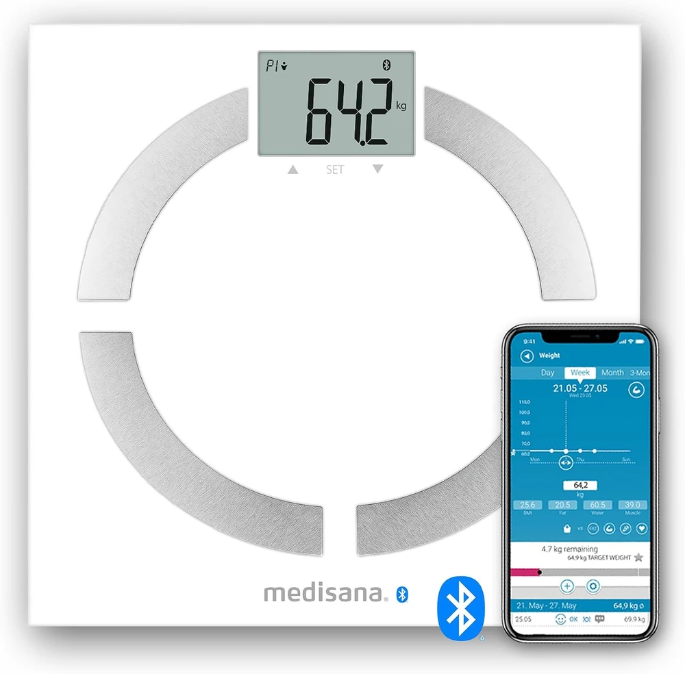 Medisana BS 444 kūno analizės svarstyklės, nerūdijančio plieno, Bluetooth | Medisana | BS 444 | Automatinis išjungimas | Kūno riebalų analizė | Kūno masės indekso (KMI) matavimas | Kūno vandens procentas | Kaulų masės analizė | Maksimalus svoris (keliamoji galia) 180 kg | Atminties funkcija | Keli vartotojai | Kūno skalė