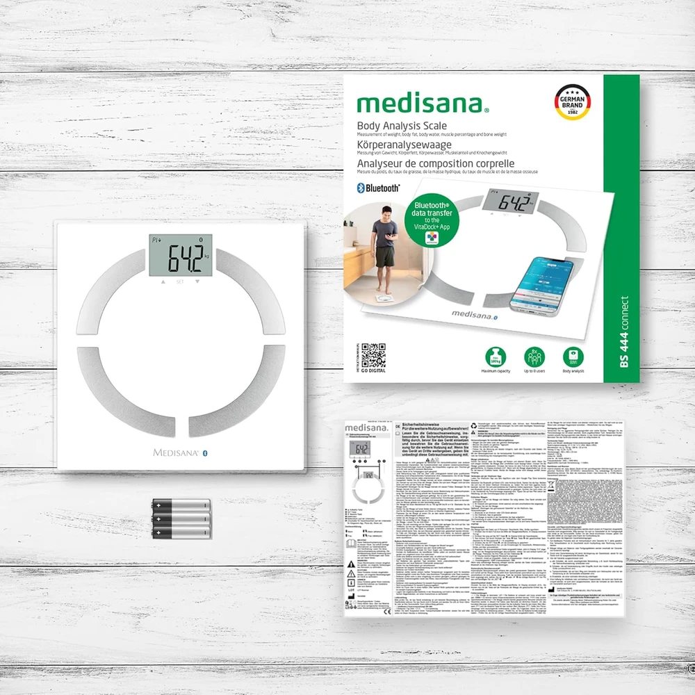 Medisana BS 444 kūno analizės svarstyklės, nerūdijančio plieno, Bluetooth | Medisana | BS 444 | Automatinis išjungimas | Kūno riebalų analizė | Kūno masės indekso (KMI) matavimas | Kūno vandens procentas | Kaulų masės analizė | Maksimalus svoris (keliamoji galia) 180 kg | Atminties funkcija | Keli vartotojai | Kūno skalė