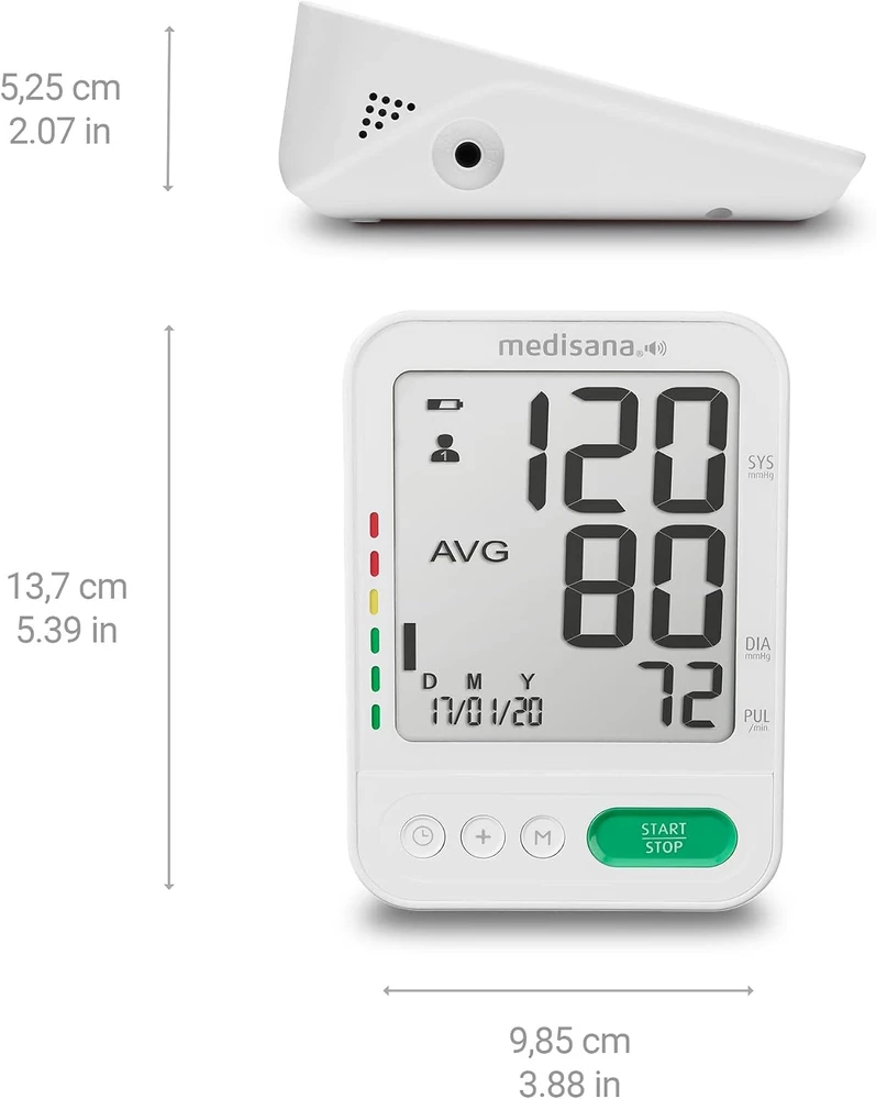 Kraujospūdžio matuoklis Medisana | Balso kraujospūdžio monitorius | BU 586 | Atminties funkcija | Vartotojų skaičius 2 vartotojas (-ai) | Atminties talpa 120 atminties lizdų | Baltas | 4 | Galima pasirinkti balso išvestį nacionaline kalba: DE, GB, NL, FR, IT, TR. Kraujospūdžio klasifikacija – išmatuotų dydžių klasifikavimas šviesoforo spalvų skale. Nereguliaraus širdies plakimo indikacija | Viršutinė rankos dalis