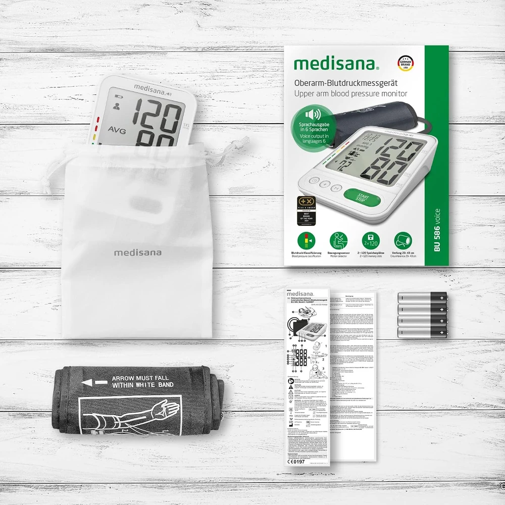 Kraujospūdžio matuoklis Medisana | Balso kraujospūdžio monitorius | BU 586 | Atminties funkcija | Vartotojų skaičius 2 vartotojas (-ai) | Atminties talpa 120 atminties lizdų | Baltas | 4 | Galima pasirinkti balso išvestį nacionaline kalba: DE, GB, NL, FR, IT, TR. Kraujospūdžio klasifikacija – išmatuotų dydžių klasifikavimas šviesoforo spalvų skale. Nereguliaraus širdies plakimo indikacija | Viršutinė rankos dalis