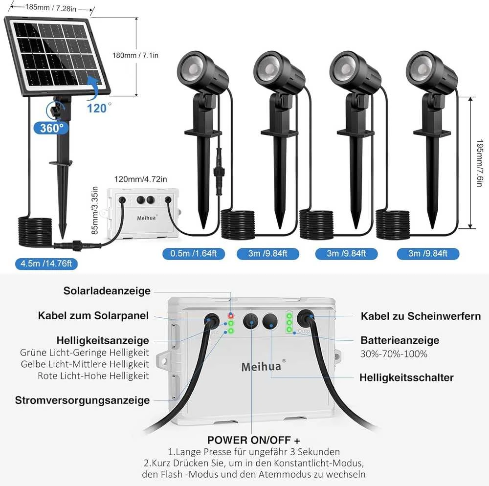MEIHUA saulės šviestuvų rinkinys, 4 vnt., IP66, 5000 mAh, 2700 K, šilta balta, 3 ryškumo lygiai, SL-SP04