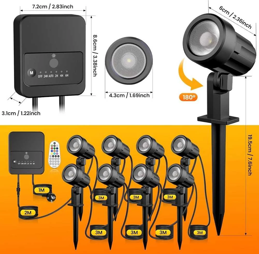 MEIKEE lauko RGB LED sodo šviestuvas su nuotolinio valdymo pultu, IP66, 8 žibintai, 10 spalvų, 30 režimų SP01RB