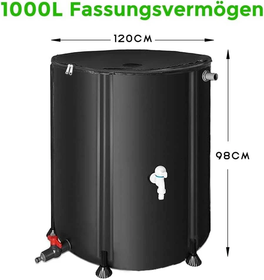 Melko sulankstomas lietaus vandens rezervuaras su kranu, 1000 l talpa, 120 × 120 × 98 cm, juodas