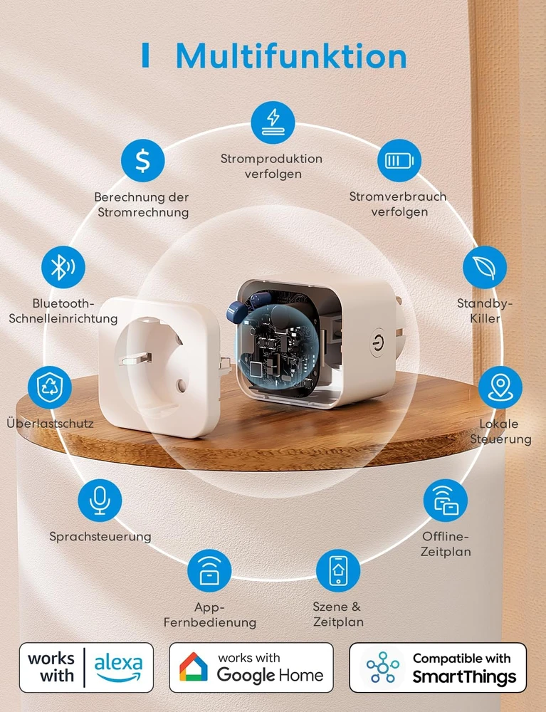 Meross išmanusis elektros lizdas su energijos matuokliu Wi-Fi ir Bluetooth 16 A MSS305