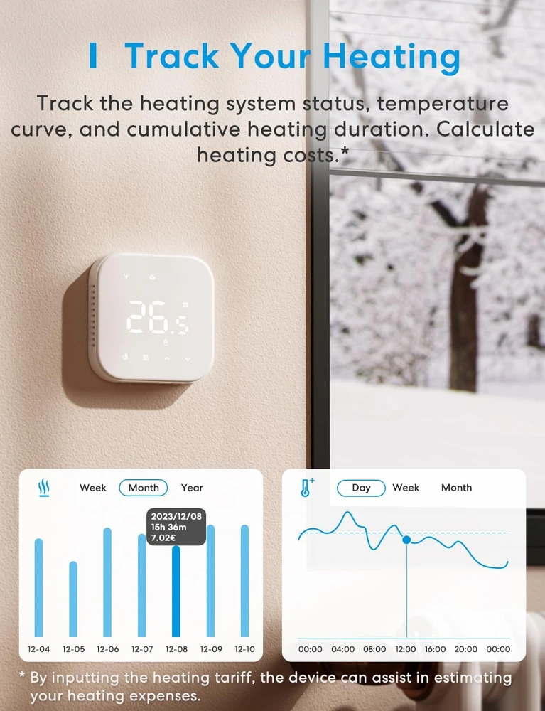 meross Wi-Fi elektrinio grindinio šildymo termostatas 16 A, 3840 W, MTS205