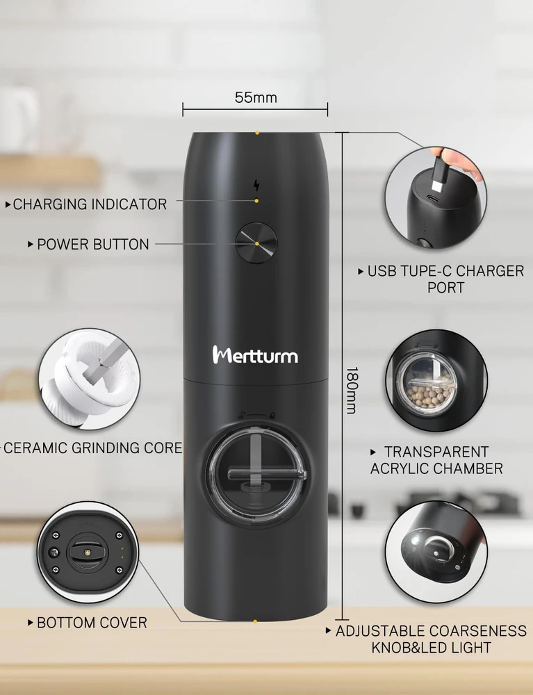 MERTTURM elektrinis pipirų ir druskos malūnėlis su USB-C įkrovimu HK002-1