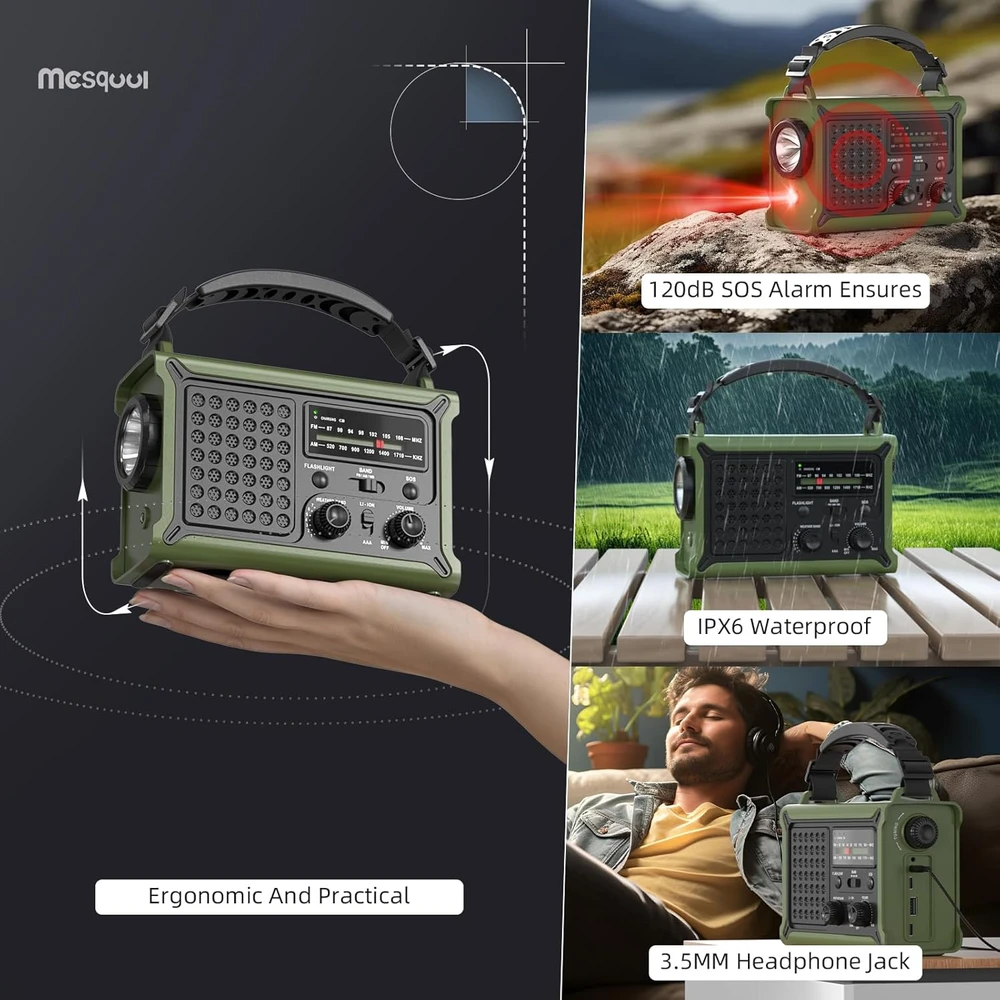 Mesqool avarinis radijas AM/FM su saulės įkrovimu, rankiniu generatoriumi ir 12000 mAh išorine baterija, IPX6, SOS, LED žibintuvėliu, USB-C įkrovimu, modelis CR1030