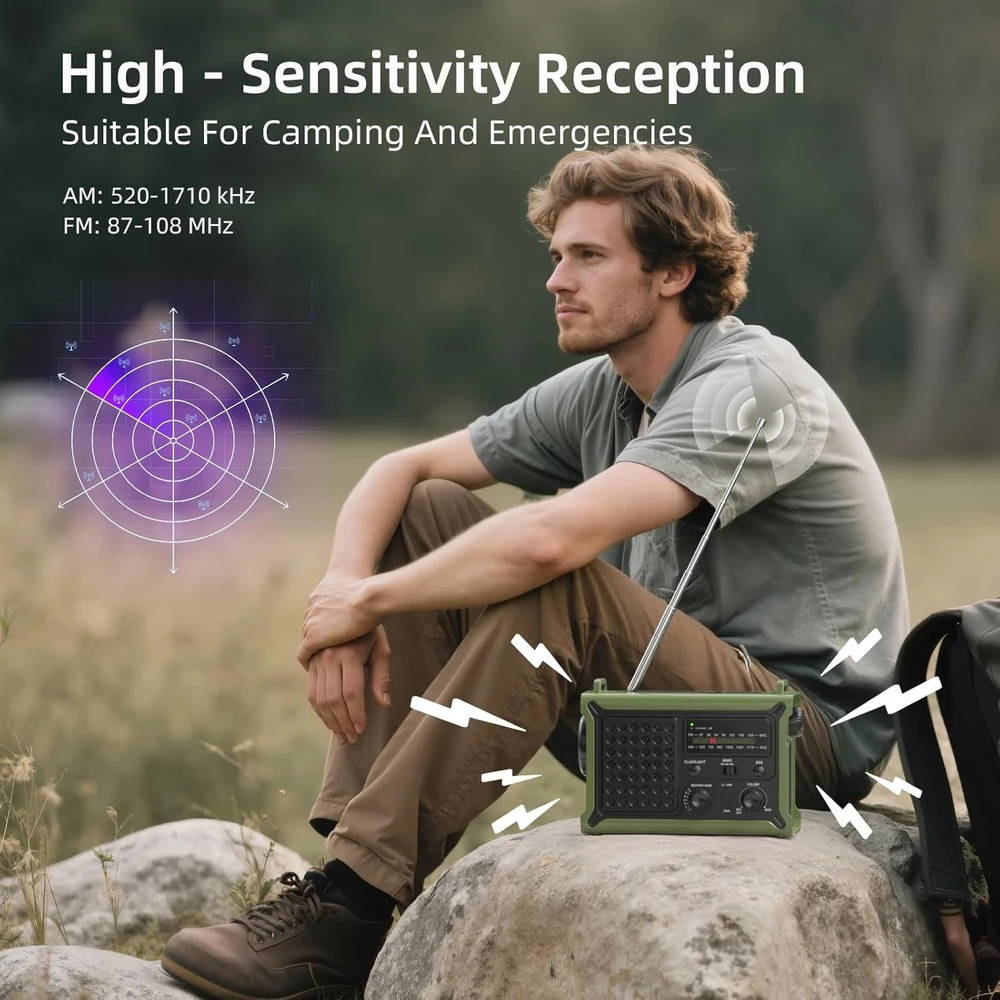 Mesqool avarinis radijas AM/FM su saulės įkrovimu, rankiniu generatoriumi ir 12000 mAh išorine baterija, IPX6, SOS, LED žibintuvėliu, USB-C įkrovimu, modelis CR1030