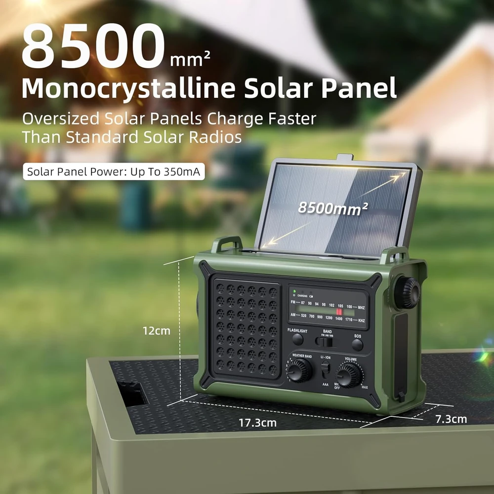 Mesqool avarinis radijas AM/FM su saulės įkrovimu, rankiniu generatoriumi ir 12000 mAh išorine baterija, IPX6, SOS, LED žibintuvėliu, USB-C įkrovimu, modelis CR1030