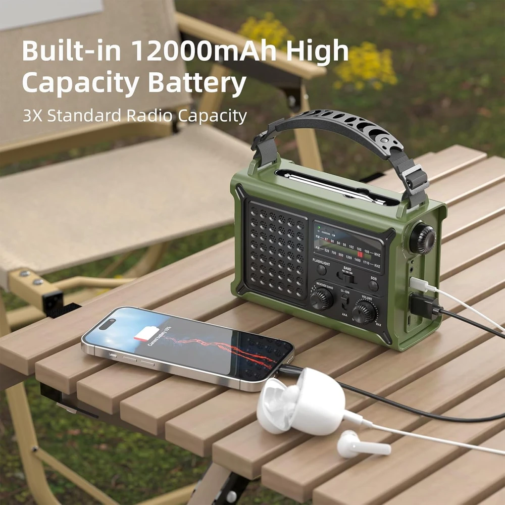 Mesqool avarinis radijas AM/FM su saulės įkrovimu, rankiniu generatoriumi ir 12000 mAh išorine baterija, IPX6, SOS, LED žibintuvėliu, USB-C įkrovimu, modelis CR1030