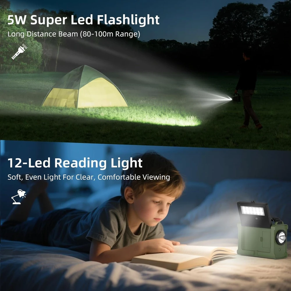 Mesqool avarinis radijas AM/FM su saulės įkrovimu, rankiniu generatoriumi ir 12000 mAh išorine baterija, IPX6, SOS, LED žibintuvėliu, USB-C įkrovimu, modelis CR1030