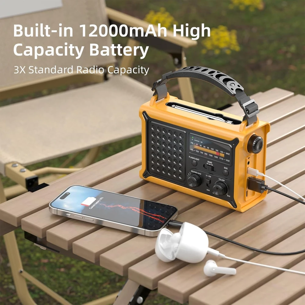 Mesqool avarinis radijas su saulės įkrovimu, 12000 mAh akumuliatorius, USB, AM/FM, žibintuvėlis, SOS, IPX6