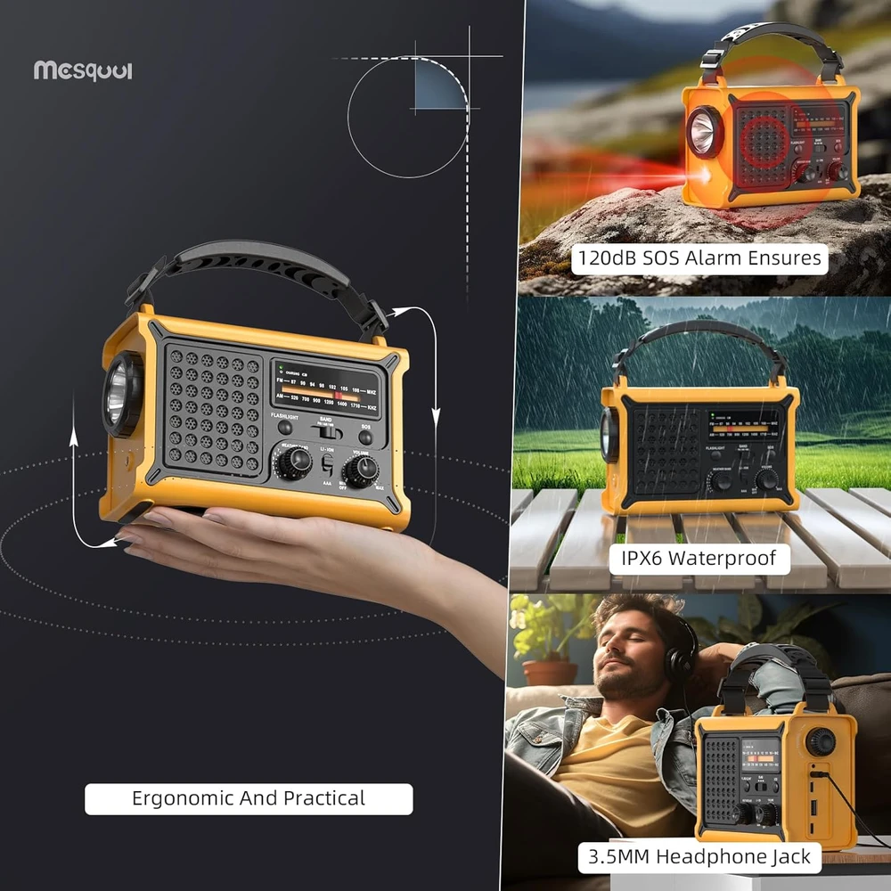 Mesqool avarinis radijas su saulės įkrovimu, 12000 mAh akumuliatorius, USB, AM/FM, žibintuvėlis, SOS, IPX6