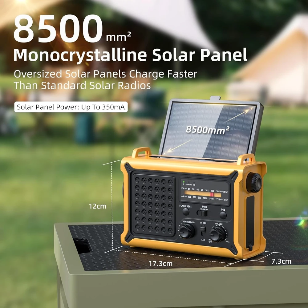 Mesqool avarinis radijas su saulės įkrovimu, 12000 mAh akumuliatorius, USB, AM/FM, žibintuvėlis, SOS, IPX6