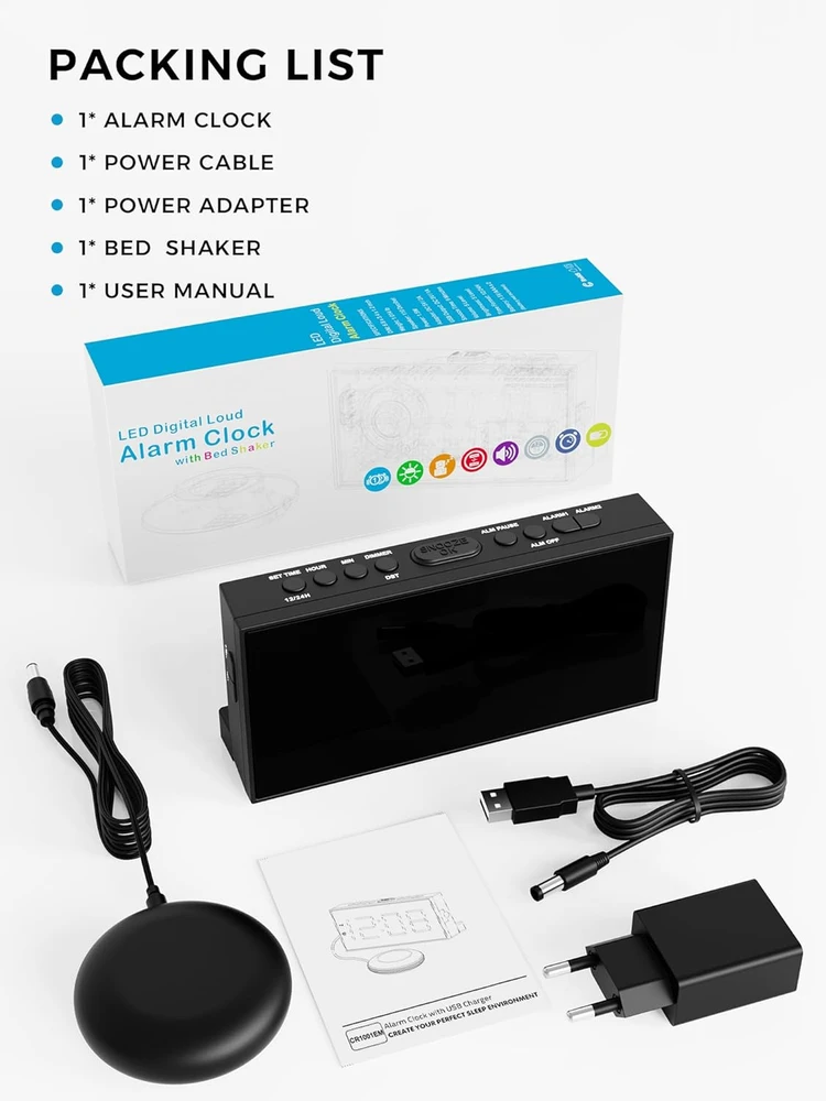 Mesqool garsinis ir vibracinis žadintuvas su dvigubu žadintuvu, USB įkrovimu, LED ekranu, MEU-1001eM-W