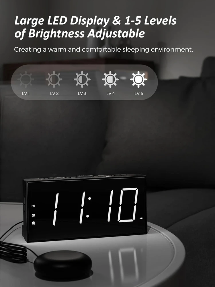 Mesqool garsinis ir vibracinis žadintuvas su dvigubu žadintuvu, USB įkrovimu, LED ekranu, MEU-1001eM-W