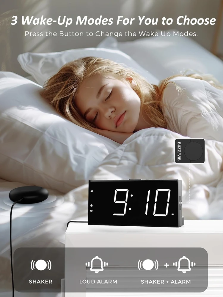 Mesqool garsinis ir vibracinis žadintuvas su dvigubu žadintuvu, USB įkrovimu, LED ekranu, MEU-1001eM-W