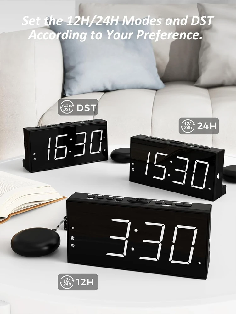 Mesqool garsinis ir vibracinis žadintuvas su dvigubu žadintuvu, USB įkrovimu, LED ekranu, MEU-1001eM-W