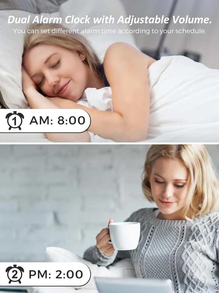Mesqool garsinis ir vibracinis žadintuvas su dvigubu žadintuvu, USB įkrovimu, LED ekranu, MEU-1001eM-W