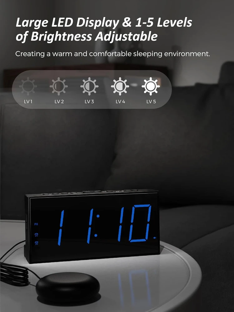 Mesqool garsus žadintuvas su vibracija, dvigubu žadintuvu, dideliu LED ekranu, USB įkrovimu, CR1001em