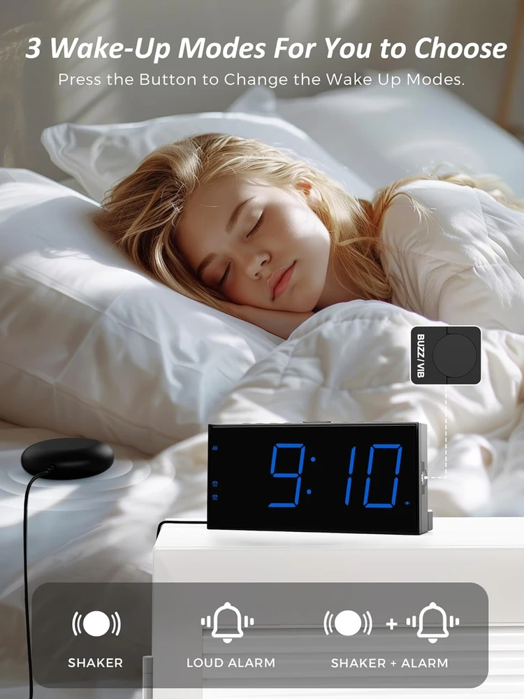 Mesqool garsus žadintuvas su vibracija, dvigubu žadintuvu, dideliu LED ekranu, USB įkrovimu, CR1001em