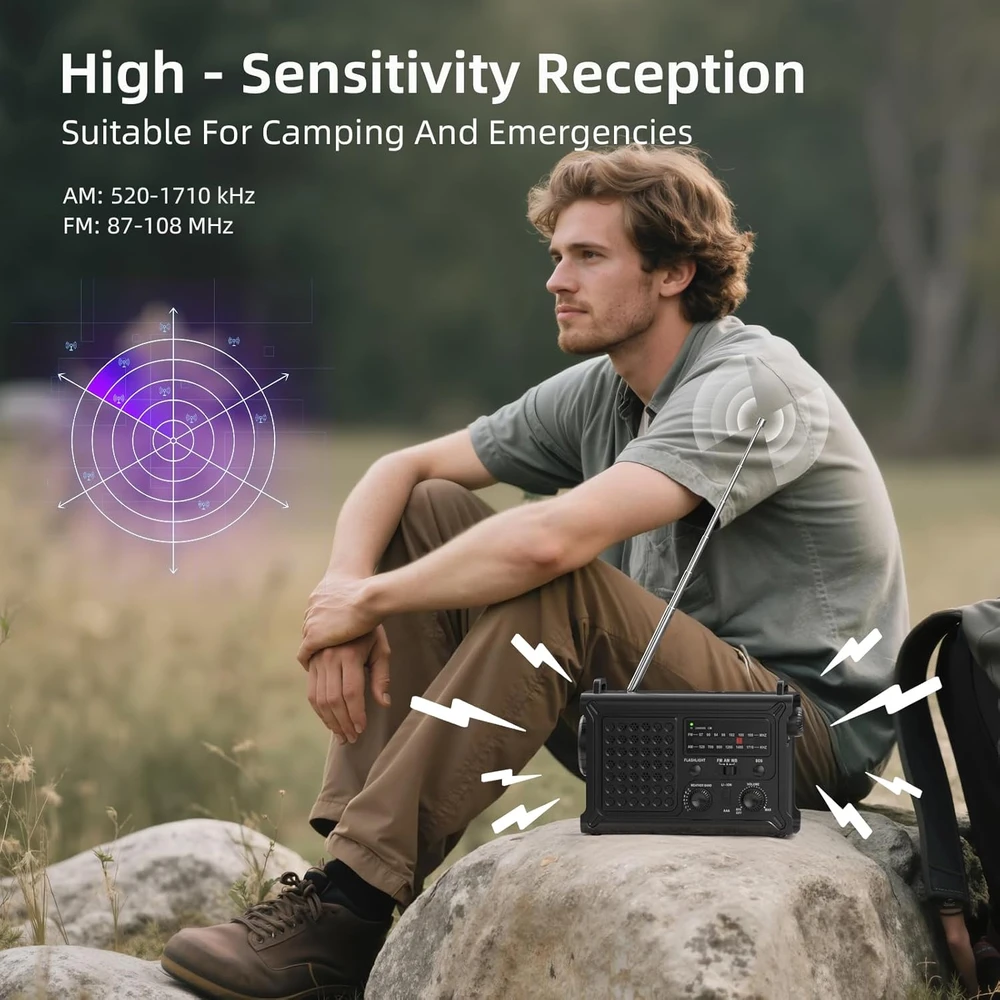 Mesqool nešiojamas avarinis radijas AM/FM su saulės įkrovimu, žibintuvėliu ir akumuliatoriumi 12000 mAh CR1030