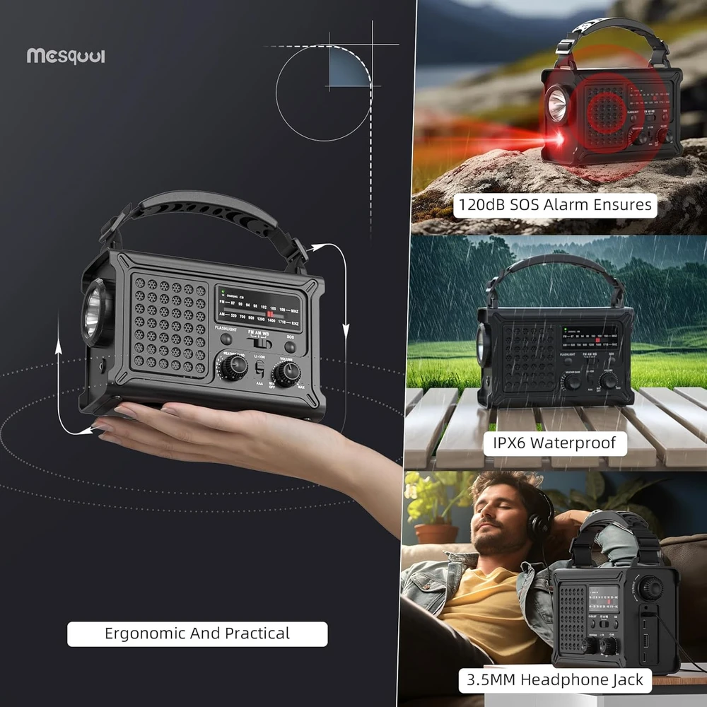 Mesqool nešiojamas avarinis radijas AM/FM su saulės įkrovimu, žibintuvėliu ir akumuliatoriumi 12000 mAh CR1030
