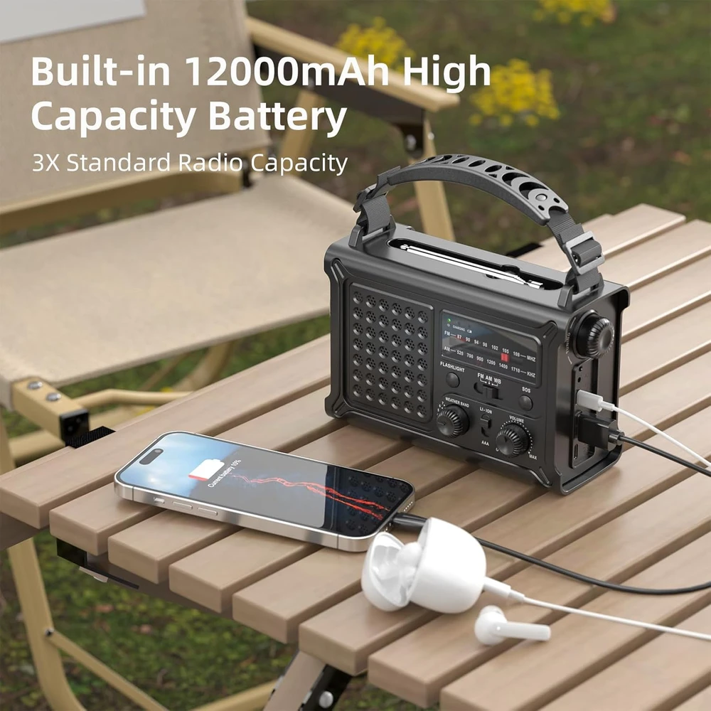 Mesqool nešiojamas avarinis radijas AM/FM su saulės įkrovimu, žibintuvėliu ir akumuliatoriumi 12000 mAh CR1030