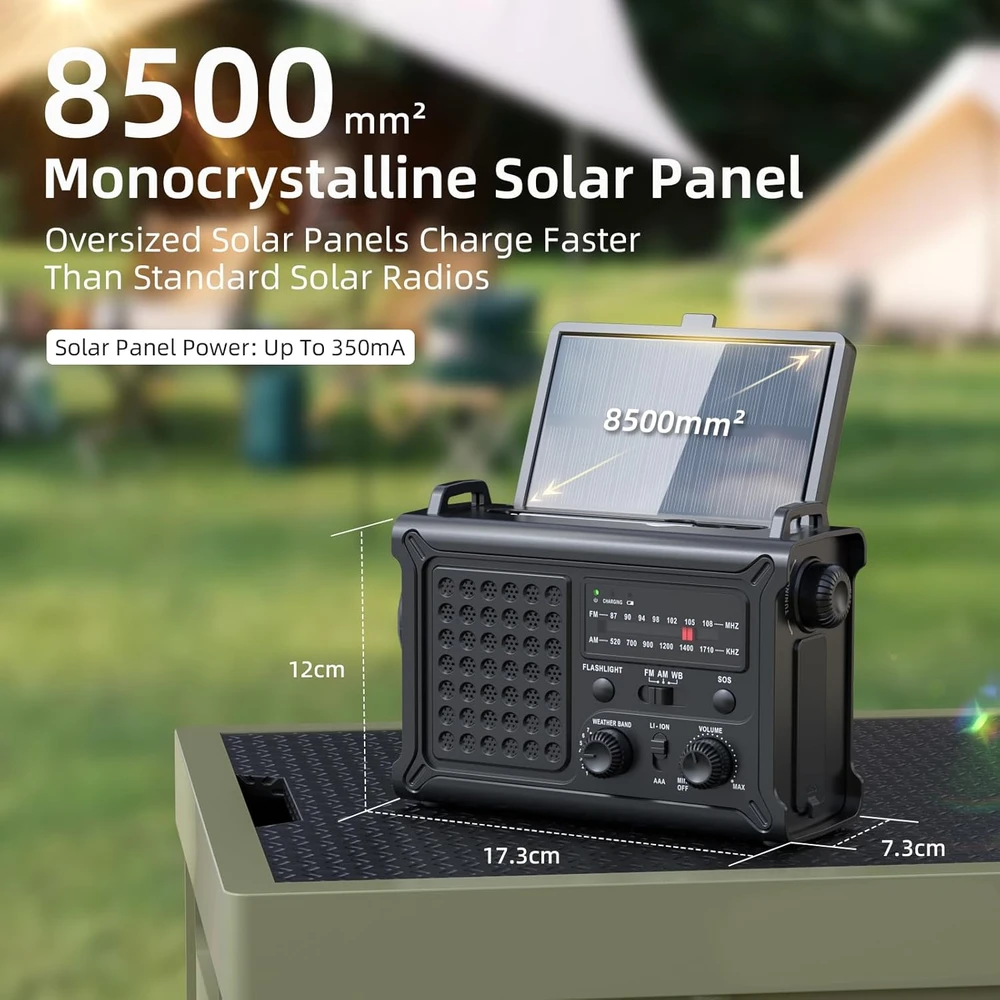 Mesqool nešiojamas avarinis radijas AM/FM su saulės įkrovimu, žibintuvėliu ir akumuliatoriumi 12000 mAh CR1030