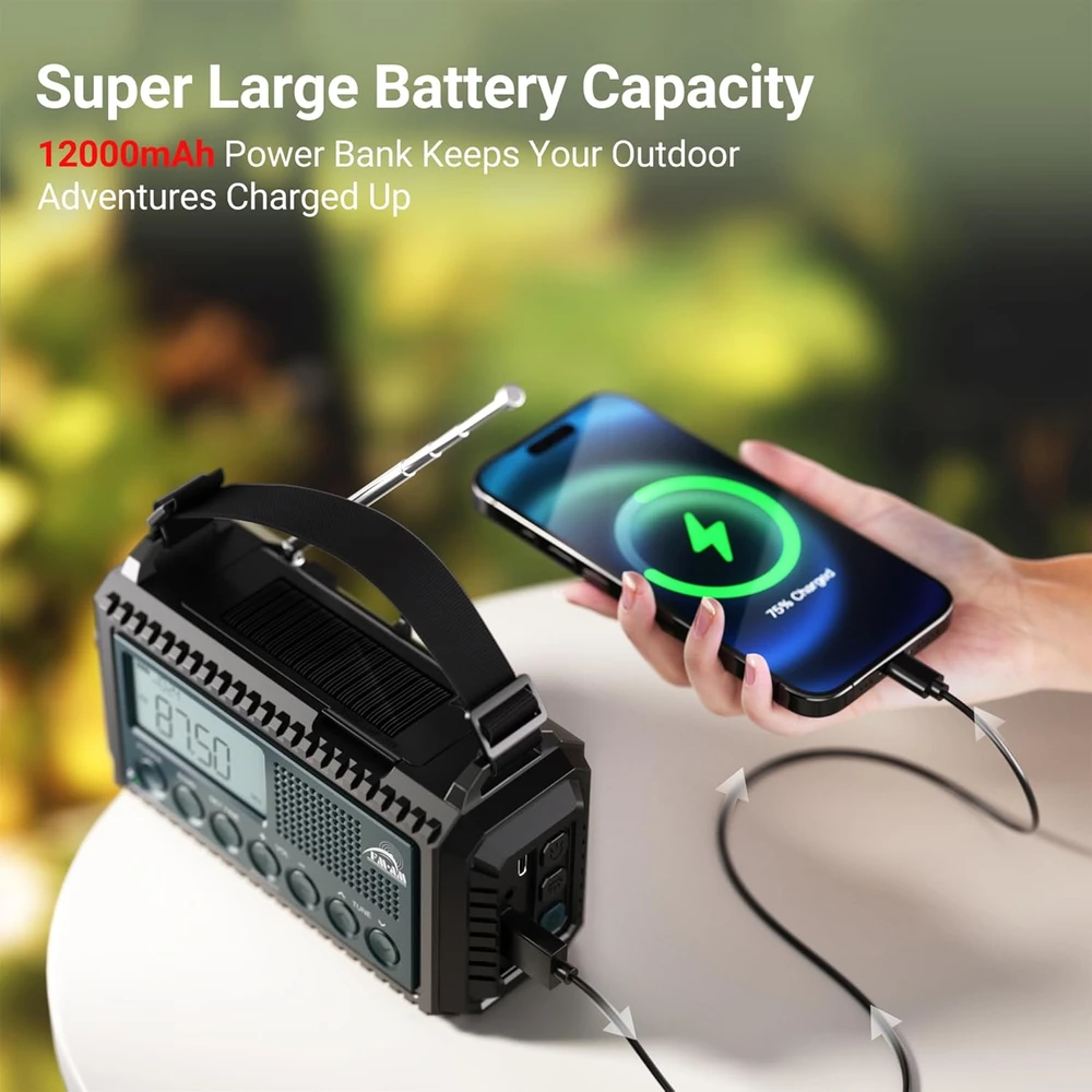 Mesqool nešiojamas avarinis radijas AM/FM/SW su akumuliatoriumi 12000 mAh, žibintuvėliu ir SOS funkcija, CR1009Ultra