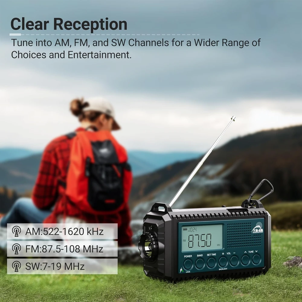 Mesqool nešiojamas avarinis radijas AM/FM/SW su akumuliatoriumi 12000 mAh, žibintuvėliu ir SOS funkcija, CR1009Ultra