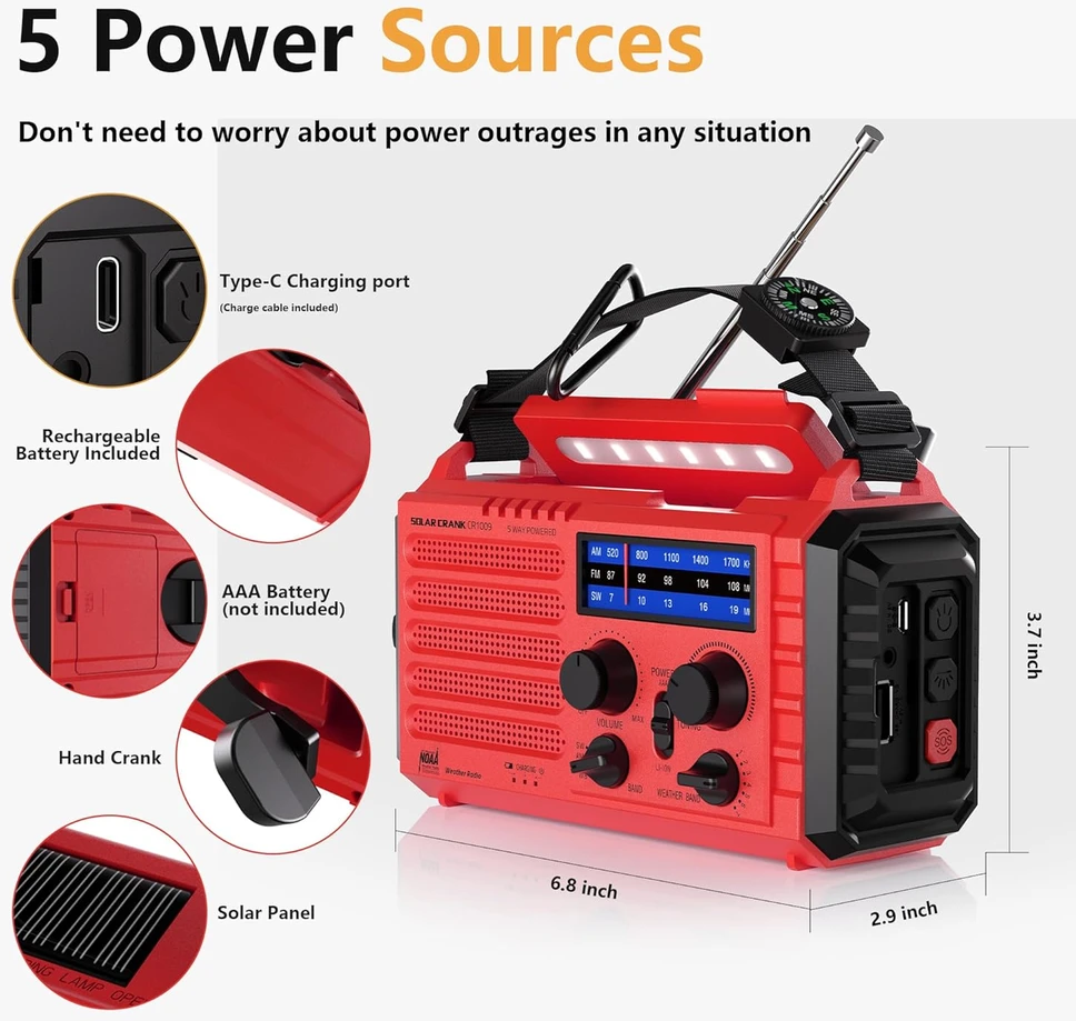 Mesqool Nešiojamas avarinis radijas su saulės įkrovimu, LED žibintuvėliu, AM/FM/SW, 5000 mAh akumuliatoriumi, rankenėle ir SOS signalu, modelis 1009-Rot