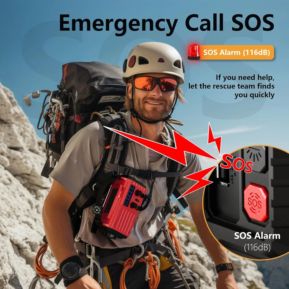 Mesqool Nešiojamas avarinis radijas su saulės įkrovimu, LED žibintuvėliu, AM/FM/SW, 5000 mAh akumuliatoriumi, rankenėle ir SOS signalu, modelis 1009-Rot