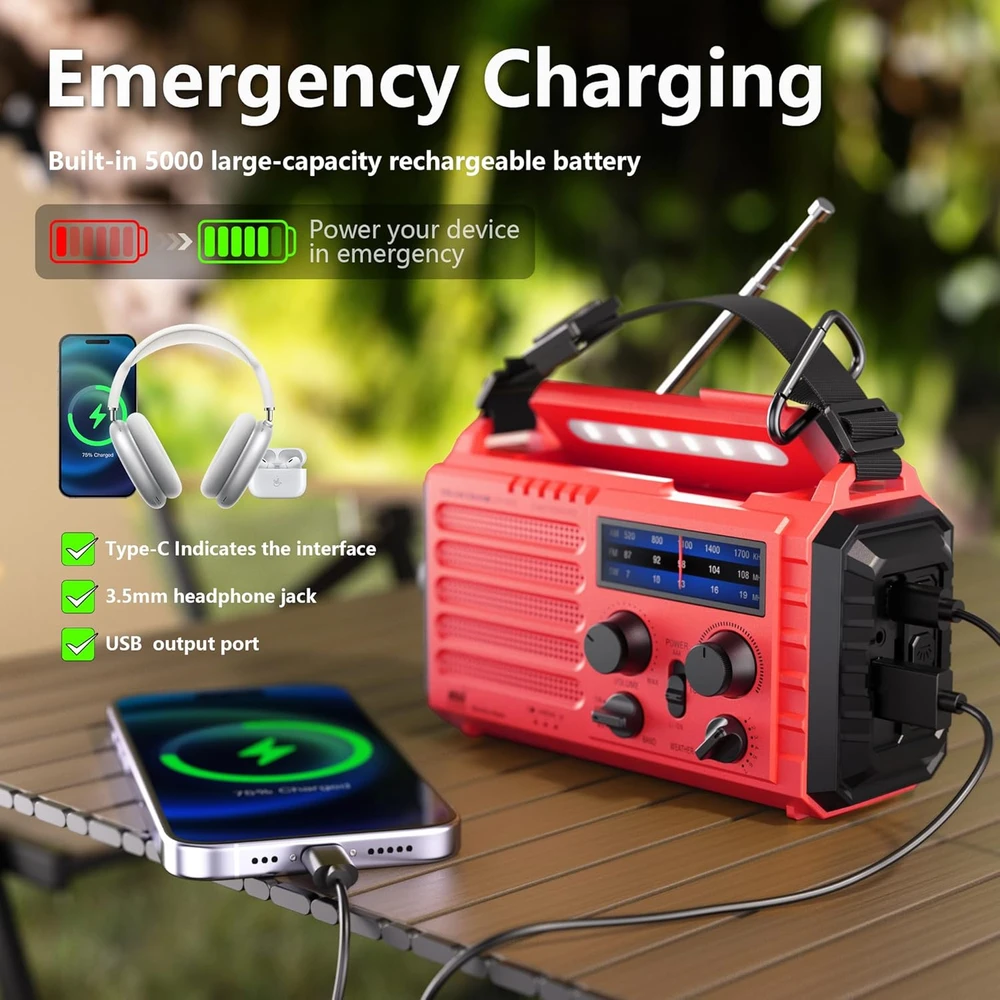 Mesqool Nešiojamas avarinis radijas su saulės įkrovimu, LED žibintuvėliu, AM/FM/SW, 5000 mAh akumuliatoriumi, rankenėle ir SOS signalu, modelis 1009-Rot