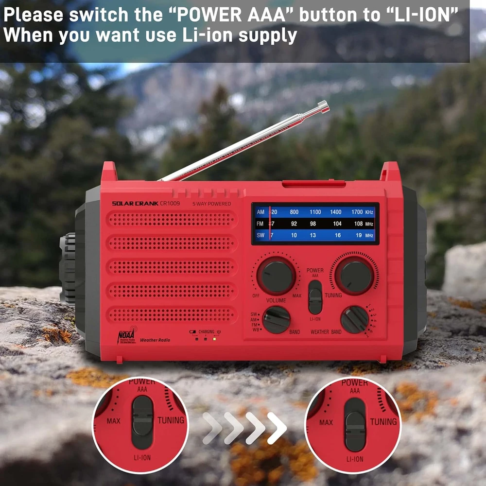 Mesqool Nešiojamas avarinis radijas su saulės įkrovimu, LED žibintuvėliu, AM/FM/SW, 5000 mAh akumuliatoriumi, rankenėle ir SOS signalu, modelis 1009-Rot