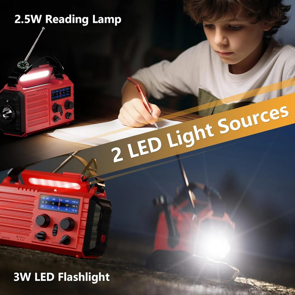 Mesqool Nešiojamas avarinis radijas su saulės įkrovimu, LED žibintuvėliu, AM/FM/SW, 5000 mAh akumuliatoriumi, rankenėle ir SOS signalu, modelis 1009-Rot
