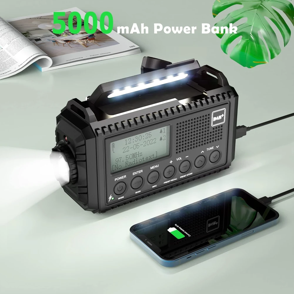 Mesqool nešiojamas DAB+ avarinis radijas, 5000 mAh, saulės ir USB įkrovimas, su SOS signalu, žibintuvėliu, žadintuvu, CR1009Pro DAB