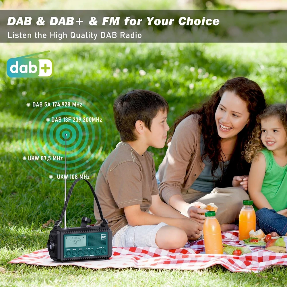 Mesqool nešiojamas DAB+/FM radijas su 5000 mAh baterija, žibintuvėliu ir skaitymo lempa, IPX4